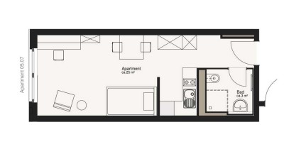1-Raumwohnung im ELLA mit Küche und Fußbodenheizung