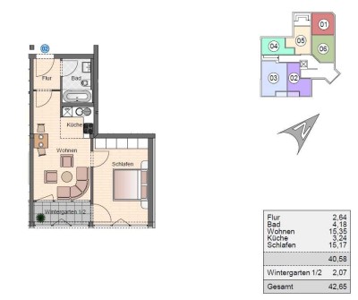 Möblierte 2-Zimmer-Wohnung mit Einbauküche und Wintergarten