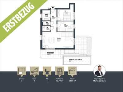 Neubau || Erstbezug - 3 Zimmer-Wohnung mit Terrasse || EG || Nähe Aspern - Essling - Seestadt