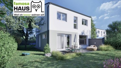 Nachhaltige Ziegelmassivbauweise: Einzelhaus mit 124m² Wohnfläche, 320m² Eigengrund mit 23m² Terrasse und 2 Parkplätze samt Carport.