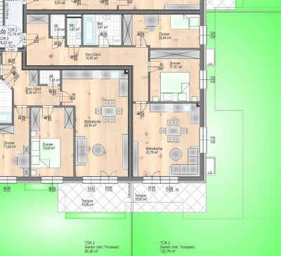 Traumwohnung mit 122 m2 Eigengarten und Terrasse - 3 Zimmer - schlüsselfertig - barrierefrei - provisionsfrei