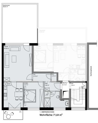 2 Zimmer Whg. 70 m2 mit Balkon (5m2) und Dachterrasse (35m2)