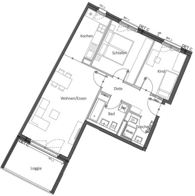 Charmante 3-Zimmer-Wohnung mit Einbauküche und Südlage - 2 Bäder und Süd-Loggia