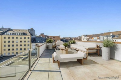 Erstbezug im Neubau: Riesige Dachterrasse und hohe Decken