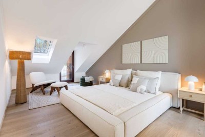 Neubau: Eckhaus mit Liegeinsel im privaten Garten und Seeblick