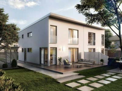 Doppelhaus mit moderner Architektur und viel Platz. Wir bauen auf Ihrem Grundstück.