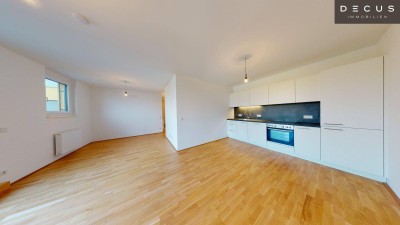 + RICHTUNG WESTEN + ZWEI ZIMMER + 19 QM GROSSE TERRASSE + 6. STOCK + NIEDRIGENERGIEHAUS + NAHE THERESA-TAUSCHER-PARK
