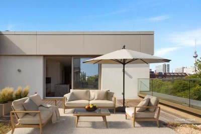 Modernes Penthouse mit Weitblick – 46m² Traumterrasse, Kamin & Blick auf den Fernsehturm
