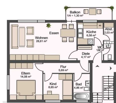 Helle gemütliche 3 Zimmer Wohnung mit Balkon & Keller (reniviert)t