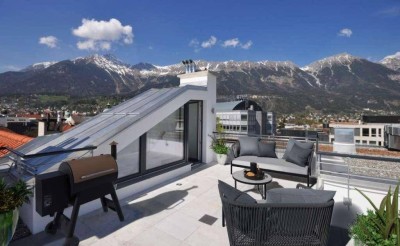 Modernes, komfortables Suite-Apartment, absolut zentral und perfekte Infrastruktur, mit privater Dachterrasse mit atemberaubendem Rund-um-Blick auf Stadt und Berge
