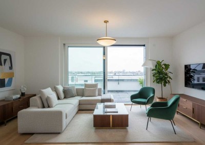 Neubau-Penthouse mit Wasserblick: 2 Zimmer mit sonniger Dachterrasse - offenes Raumkonzept - Parkett