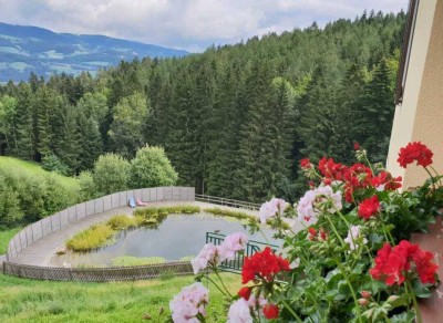 NATUR PUR-traumhaft schöne Aussichtslage, barrierefreie Hausetage, Naturschwimmteich/ Wellnessoase 3 Zimmer mit 2 Balkone, Garten, Garage und Parkplatz-Pöllauertal