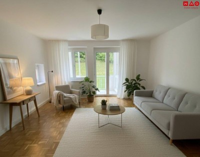 Idyllische Wohnfühloase im ländlichen Herzen von Grünburg - praktisch geschnittene 3 Raum Wohnung mit Loggia, Abstellraum und Parkplatz direkt vor der Haustür! Jetzt mit inspirierenden visualisiertem Wohnkonzept.
