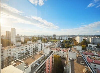 PANORAMAJUWEL + Neubau + 2 Zimmer + ca. 64,46 m² WFL + 13. Liftstock + hochwertige Einrichtung + Garagenplatz