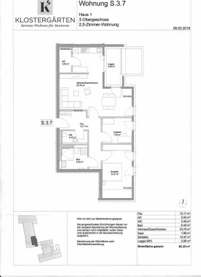 Senioren-Wohnanlage KLOSTERGÄRTEN Helle 2,5-Zimmer-Wohnung (85 m²) mit Balkon / 3. Stock