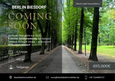 4 Zimmer Familienwohnung mit S/W Terrasse, Garage, Aufzug vis a vis Schlosspark Biesdorf
