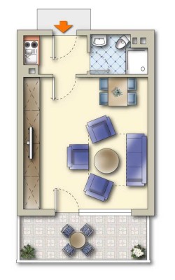 1-Zimmer-Apartment, mit großem Sonnenbalkon, Duschbad, Kochnische, auf Wunsch mit TG-Stellplatz zu v