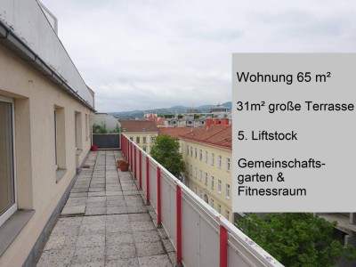 Helle Wohnung mit 31m² Terrasse im fünften Liftstock, großem grünen Gemeinschaftsgarten &amp; Fitnessraum
