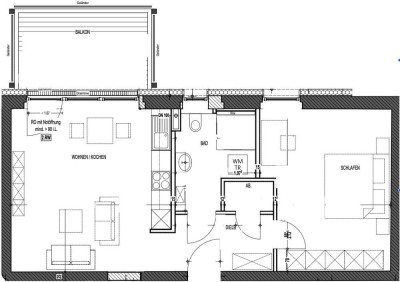 Moderne Zwei-Raum Wohnung mit großem Balkon.