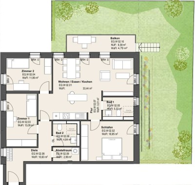 Große 4-Zi.-Whg. mit 2 Bädern und Gartenanteil