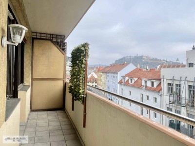 Sanierungsbedürftige 2-Zimmerwohnung mit großem Balkon und Tiefgaragenstellplatz - Schlossbergblick