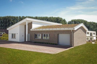 Neubau: Pultdach-Bungalow mit Satteldachanbau in renommierter Nachbarschaft
