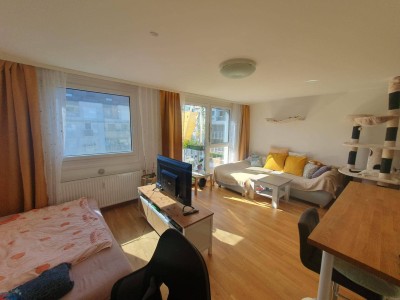 Suche Nachmieter für sonnige 49 m2 Neubau-Garconniere mit Stehbalkon, Komplettküche, Parkettboden