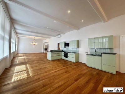 Derzeit in Sanierung befindlich: Exklusive Altbauwohnung mit Terrasse, Garagenstellplatz und Fitnessraum in ruhiger Innenhoflage mitten im 7. Bezirk - Raumhöhe 3,70m