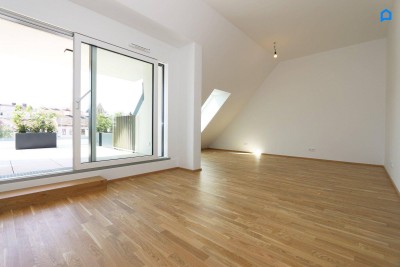 DACHGESCHOSS LUXUS-Neuwertig- 2 Zimmer, Pauschale allinklusiv Miete, 31m² Wohnzimmer, West-Terrasse 21,27 m², Maßeinbau-Küche, zugfreie Deckenkühlung, FBH, Alarmanlage, Lift, barrierefrei, Garage optional