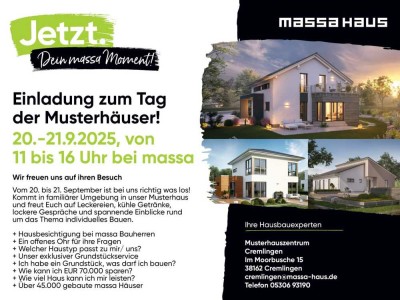 Einladung zum Tag der Musterhäuser! 20.-21.9.2025, von 11 bis 16 Uhr bei massa