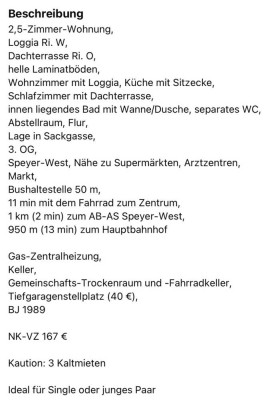 Helle 2,5-Zimmer Wohnung mit Balkon im 3. OG in Speyer