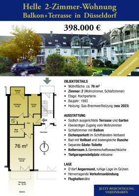 Lichtdurchflutete 2-Zimmer-Wohnung mit Südterrasse, Balkon & Tiefgaragenstellplatz, Toplage in Düsseldorf-Angermund
